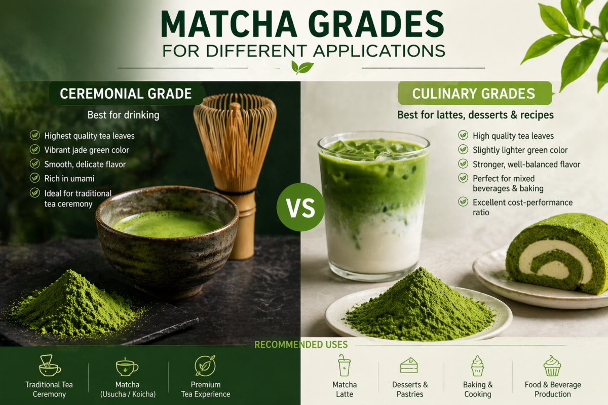 How to Choose High-Quality Matcha for Your Business 2 Matcha grade comparison showing best options for latte dessert and commercial use