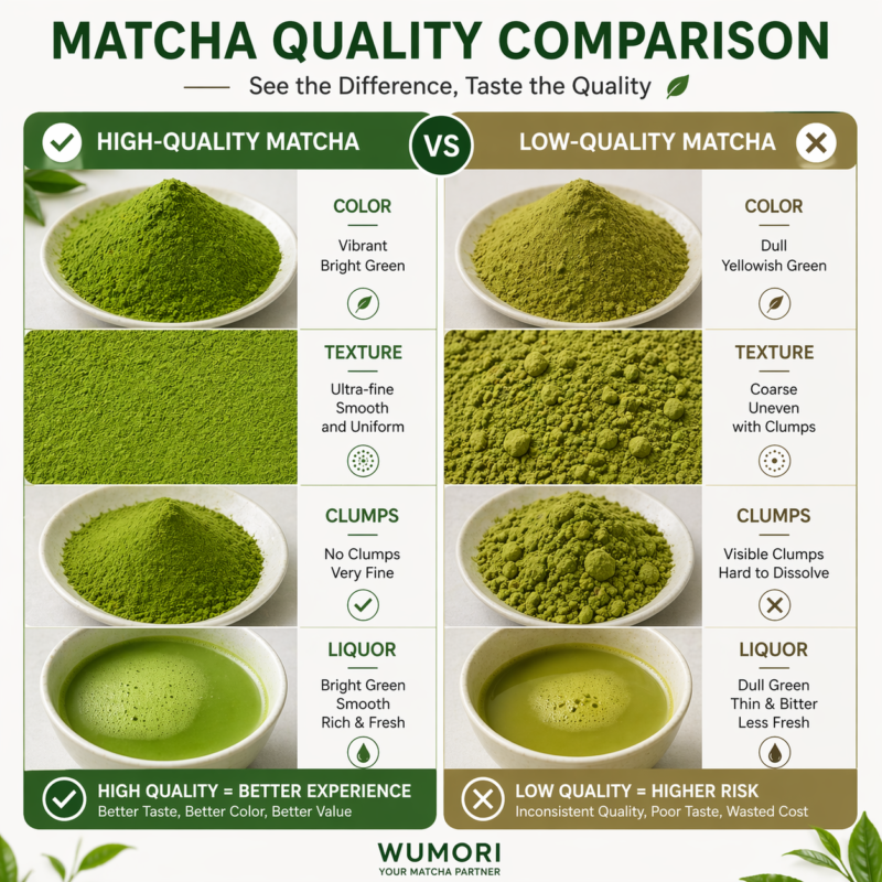 China vs Japan Matcha: What Buyers Need to Know 4 high quality vs low quality matcha powder color texture comparison